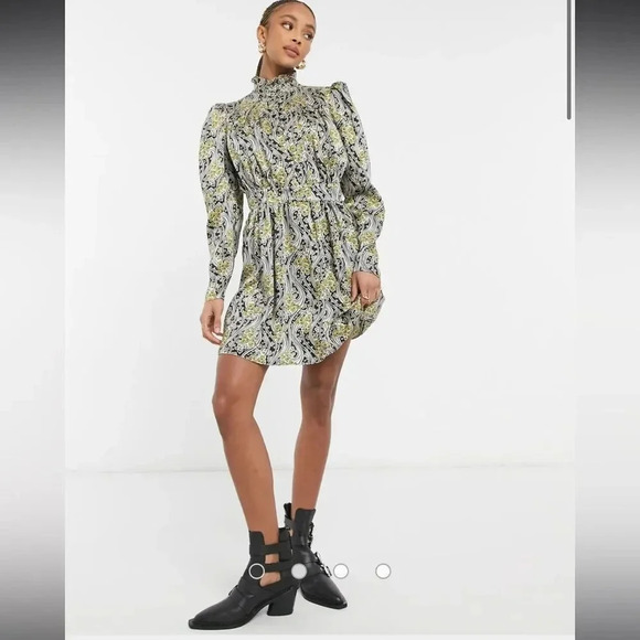 Topshop IDOL paisley mini dress in multi w/ long puff sleeves size 6 NWT Womens - Picture 1 of 14